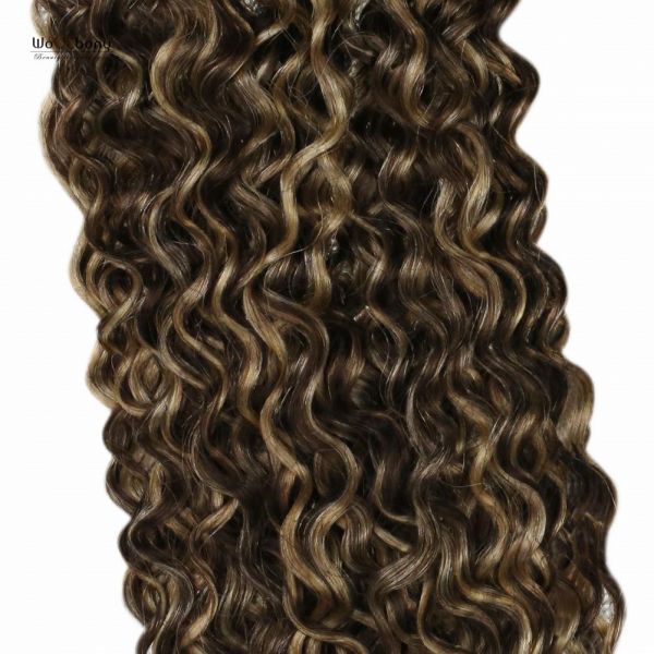 Kinky Curly Hair Extensions Real Human Hair Brown #4 Highlighted